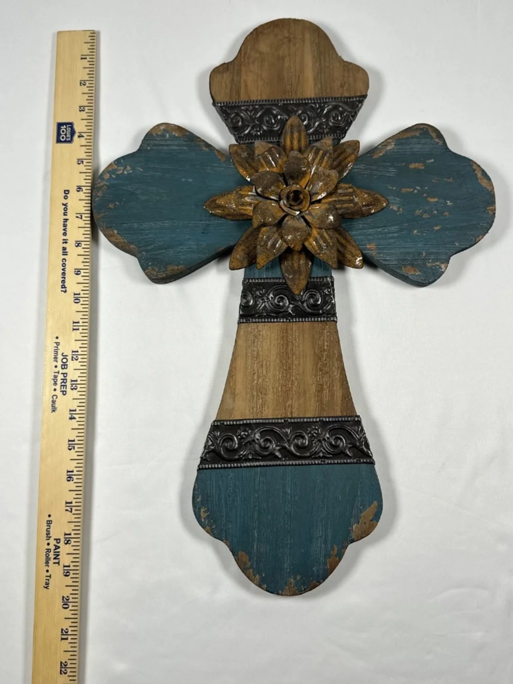 Wooden Cross 20 inches Metal Flower Metal Bands Wall Hanger Rustic Blue Brown